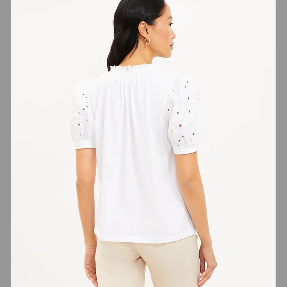 NWT LOFT Eyelet Tie Neck Puff Sleeve Mixed Media Top - Picture 3 of 8